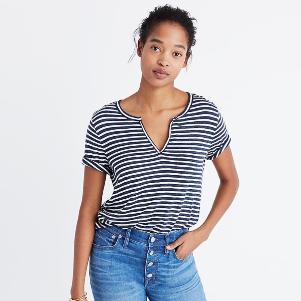 MADEWELL Anthem split neck tee in Adriatic Stripe